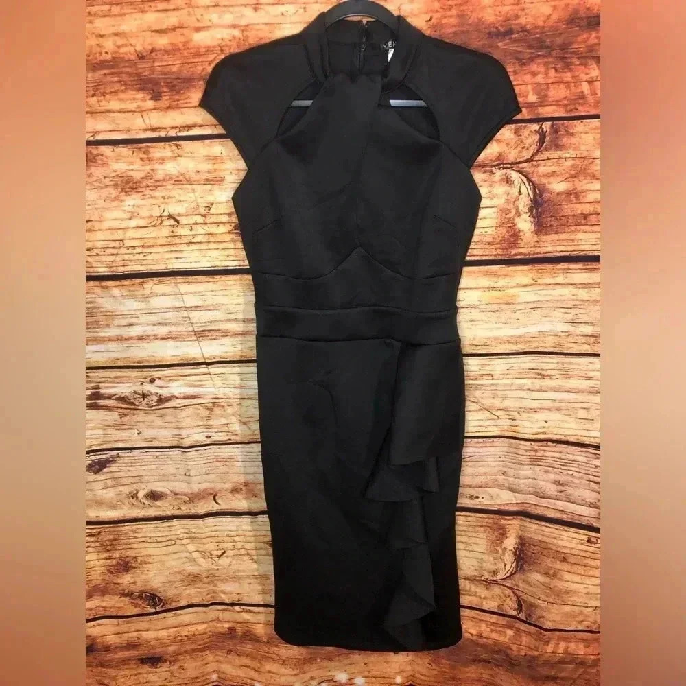 Black Ruffle Cocktail Dress with wrap neck - Picture 5 of 16